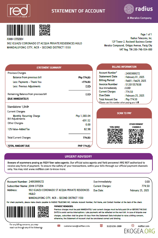 Philippines Red Fiber utility bill template in Word and PDF formats
